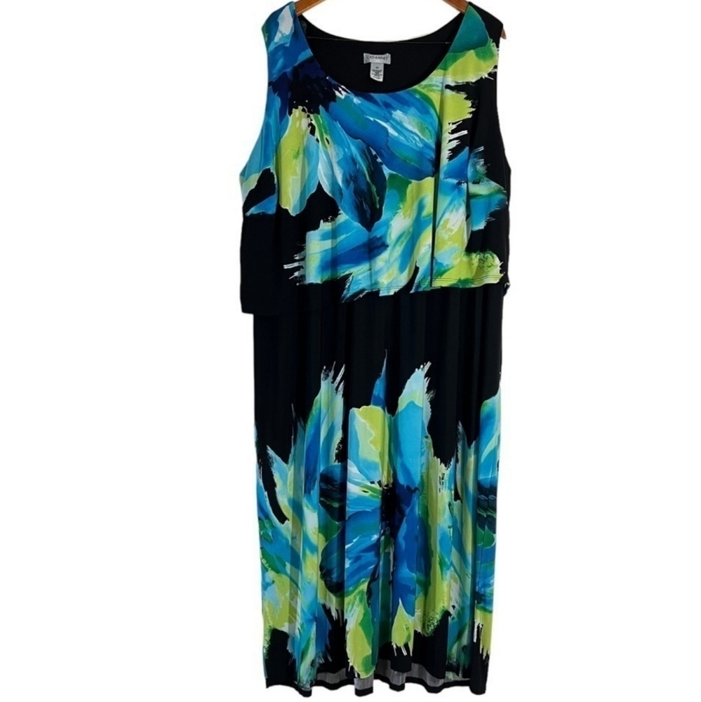Catherines Sleeveless Midi Dress Blk Floral Watercolor 3X